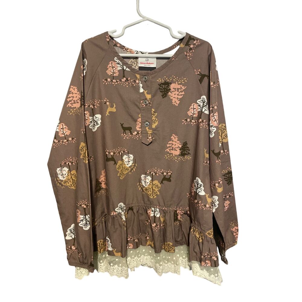 Hanna Andersson Deer Print Peplum Popover with Lace Trim Size 140  Girls Size 10